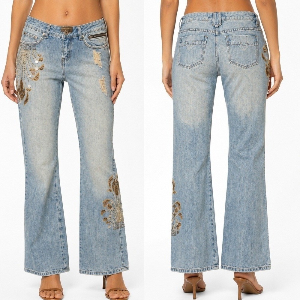 Peppe Peluso Jeans Womens 30x32 Beaded Embroidered Flare Light Low Rise Y2K Boho